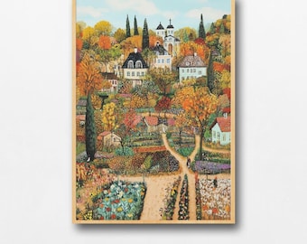Herbst Dorf Landschaft Kunstdruck, wunderliche Märchenbuch Illustration digitaler Download