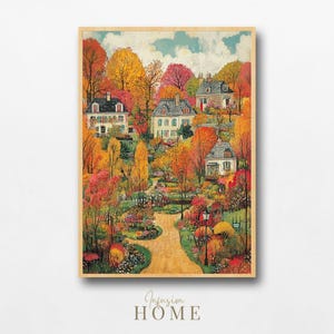 Cozy Village with Vibrant Autumn Garden Printable Art, Charming Houses in Fall Storybook Wall Art, Secret Garden for Decor Digital Download