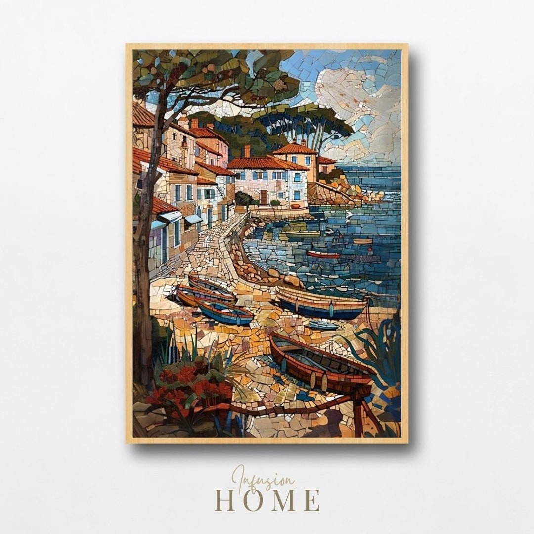 Summer Mosaic Seaside Village Poster Wall Art Seaside Coastal Village