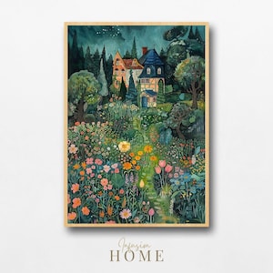 Colorful Cottage Charm in a Secret Wildflower Garden, Fairytale Storybook Floral Home Wall Art, Magical Garden Whimsical House Printable Art