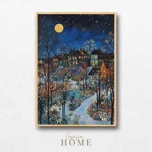 Moonlit Village Garden in Winter Bloom Wall Art, Storybook Illustration, Whimsical, Cozy Cottages and Homes, Digital Download, Printable Art