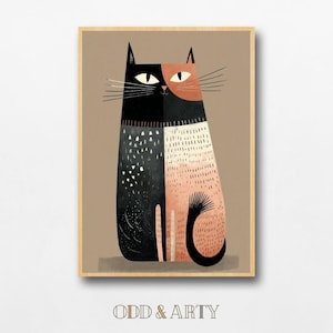 Könnte beinhalten: Ein gerahmter Kunstdruck mit einer stilisierten Katzenillustration. Die Katze ist vertikal geteilt, eine Seite schwarz und die andere pfirsichfarben. Das Kunstwerk hat ein minimalistisches Design mit dem Text "ODD & ARTY" unten.