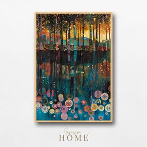 Whimsical Twilight Forest Digital Wall Art, Colorful Trees Reflected on Water with Floating Floral Lights, Mystical Nature Digital Download