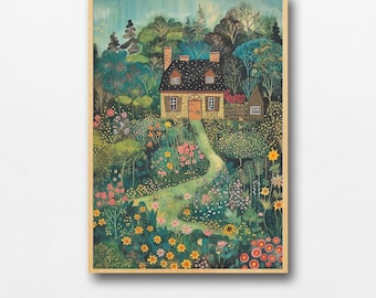 Wunderliche Bauerngarten Kunstdruck, Märchenbuch Illustration digitaler Download