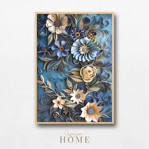 Blue Botanical Paper Cut Art Print: Floral Quilling (Digital Download)