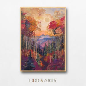 Arte de sendero forestal otoñal, paisaje de montaña al atardecer, descarga digital imprimible
