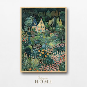Rustic Garden Escape Cottage Among Lush Blooms Art Printable, Whimsical Forest and Wildflowers Illustration Art Download, Secret Garden Art