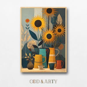 Puede incluir: Una impresión artística enmarcada que presenta una naturaleza muerta de girasoles y jarras decorativas. Los girasoles son amarillos con centros negros, y las jarras son de varios colores, incluyendo amarillo, azul y naranja. La obra de arte tiene un estilo moderno de mediados de siglo.