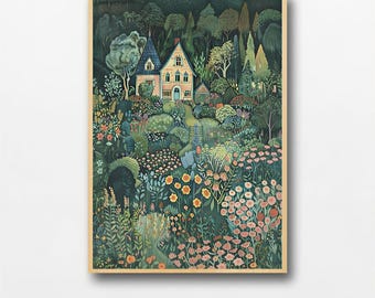 Rustikaler Bauerngarten Kunstdruck, wunderliche Blumen Illustration Digital Download