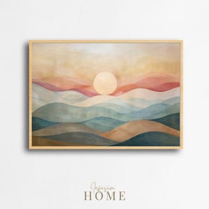 Golden Horizon with Soft Pastel Hills Landscape Digital Print, Sunrise Scenery Art, Earthy Wall Art in Peach, Sage and Blush Art Download