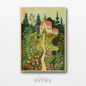 Vintage Wildflower Garden with Classic Home and Flowers Wall Art, Whimsical Storybook Illustration, Summer, Digital Download, Printable Art