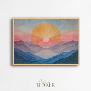 Radiant Sunrise Abstract Mountain Printable Art, Digital Landscape Art with Colorful Sunset and Layered Hills, Instant Download Wall Decor