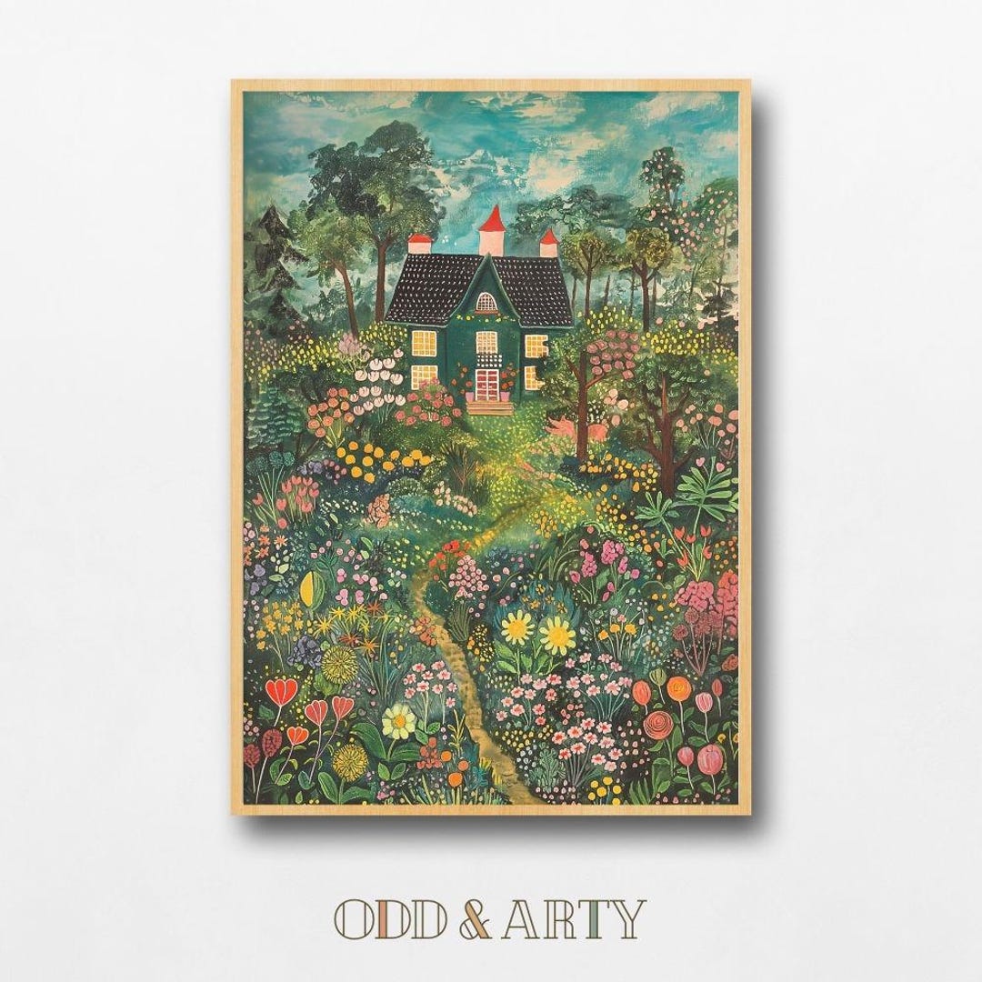 Secret Garden Cottage Art Print, Whimsical Home, Floral Forest Digital ...