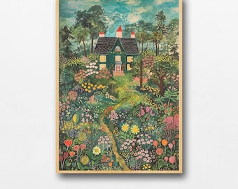 Secret Garden Cottage Kunstdruck, wunderliches Haus, Blumenwald Digital Download