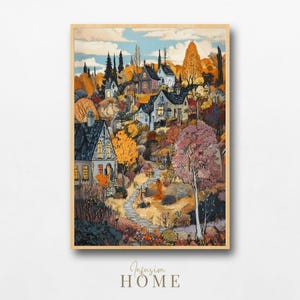 Charming Village in a Colorful Autumn Landscape Art Print, Whimsical Stone Cottages Storybook Art Printable, Fairytale Countryside Download