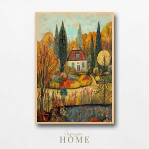 Enchanted Cottage in a Secret Autumn Garden Wall Art, Charming Fall Cozy Home Storybook Art Printable, Fairytale Garden in Warm Colors Art