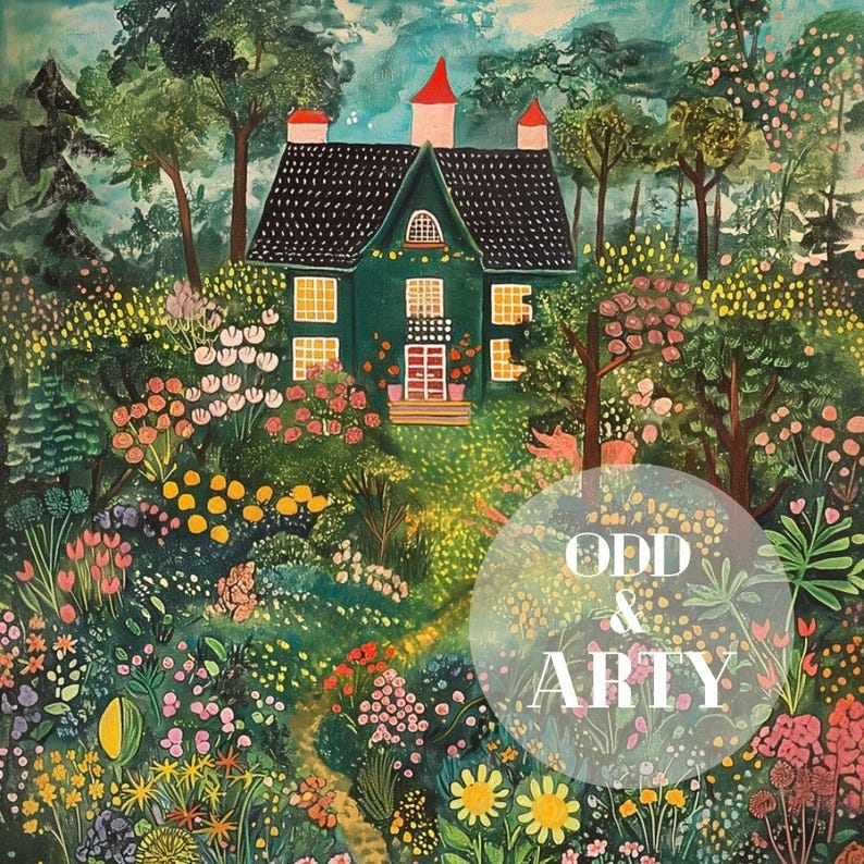 Secret Garden Cottage Art Print, Whimsical Home, Floral Forest Digital ...