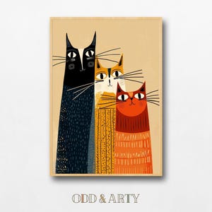 Offbeat Cat Trio Wall Art With Bold Colors and Expressive Faces Digital Download