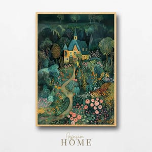 Enchanted Summer Garden with Rustic House Wall Art, Whimsical Fairytale House in a Secret Wildflower Garden in a Forest Printable Art