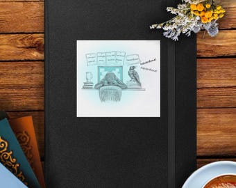 May include: A black and white illustration of a person sitting at a computer with a raven perched on a desk. The person is looking at the computer screen and the raven is looking at the person. The text on the screen reads "Neverdone! Neverdone!"