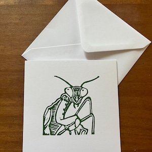 Può includere: Un biglietto di auguri bianco con un'illustrazione verde di una mantide religiosa, accompagnato da una busta bianca. La mantide è raffigurata in stile linoleografia, con linee e ombreggiatura dettagliate. Il biglietto e la busta sono su una superficie di legno.