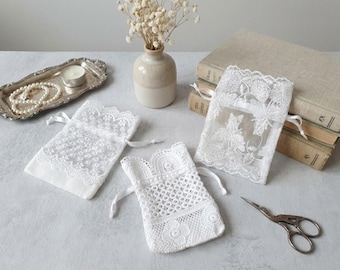 White Lace Drawstring Favor Bags | Sheer Wedding Pouch (4x5.5 inch), 5-200pcs