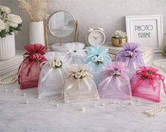 Rosen-Organza-Geschenkbeutel 50-200 Stück, weiße Hochzeitsbevorzugungsbeutel, Schmuckbeutel, Partygeschenke