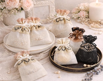 Bolsas de organza con encaje, color negro y marfil, para bodas, despedidas de soltera y joyas (10 x 14 cm), 5-200 unidades