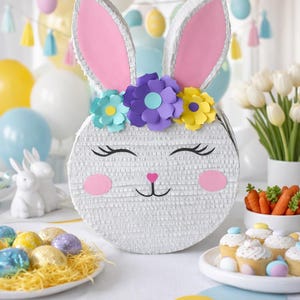 Easter Bunny Head Pinata: Floral Crown, Pull Strings, Party Game (23x16x4 inch)