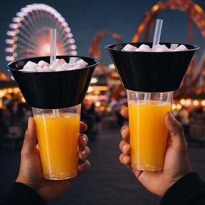 Puede incluir: Dos vasos de plástico transparente llenos de zumo de naranja, cubiertos con recipientes negros en forma de cono que contienen malvaviscos. Cada vaso tiene una pajita. El fondo muestra una noria y una montaña rusa por la noche.