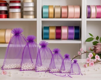 Bolsas de regalo de organza morada: Bolsitas transparentes con cordón para obsequios, 100-200 unidades