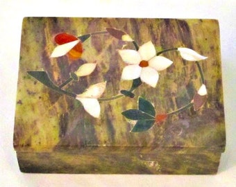 Trinket Jewelry Box Inlay Mother of Pearl Rectangle Floral Decoration Indian Vintage