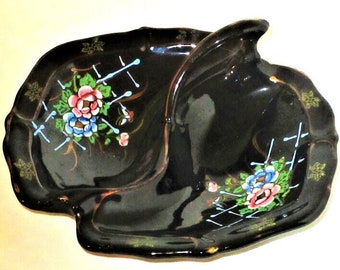 Black Candy Dish with Handle Nut Dish Floral Ceramic Japan 1930