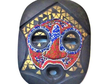 African Mask Wood Carved Beaded Metal Accents Vintage