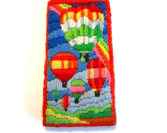 Eyeglass Case Sunglass Case Needlepoint 1980's Vintage Hot Air Balloons Rainbow Soft