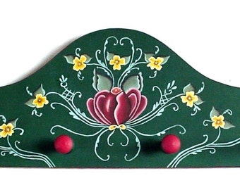 Necklace Rack Wood Rosemaling Green Burgundy Yellow Tole Painting Key Rack
