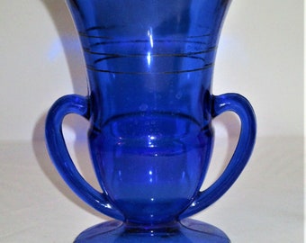 Blue Vase Depression Glass Cobalt Trophy Handles Art Glass