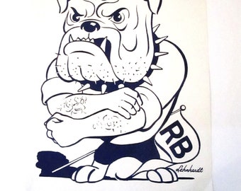 Mascotte de bouledogue imprimée en bleu et blanc de la fin des années 60, signée