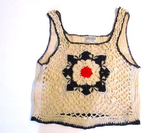 Women's Crocheted Vest 1960's Vintage Sweater Vest Label Ardee Medium Cotton Linen Navy Orange Beige