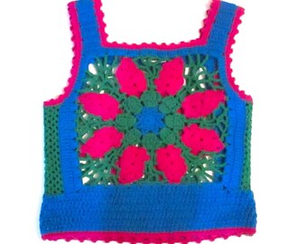 Women's Crocheted Vest 1960's Vintage Sweater Vest Magenta Blue Green Label Charlie's Girls Large