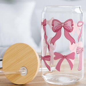 Pink Bows Girly Sipper Glass, 16oz - Gift for Coffee Lovers, Dance Enthusiasts - Iced Coffee Holder, Tumbler, Cold Drink Cup, Ballerina Fan