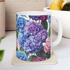 Hydrangea Floral Mug, Flower Coffee Cup, Botanical Tea Mug, Garden Lover Gift, Nature Ceramic Mug, Floral Kitchen Decor, Hydrangeas