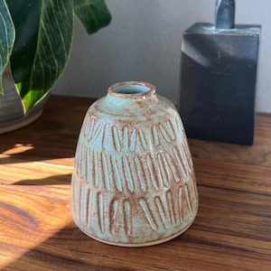 Handmade Bud Vase, Modern Rustic Home Decor, Wheel-thrown Ceramic Vase, Blue and Brown Glazed Vase, Hand-Carved Decorative Pottery Vase