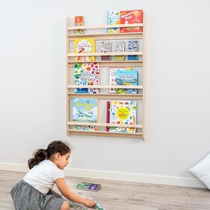 Montessori Kids Bookshelf Wall, Nursery Space Saver Bookcase Montessori Furniture for Toddler, Wall Mounted Book Storage Baby Shelves