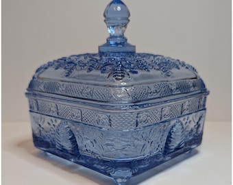 Scatola porta miele/tiara in vetro Vintage Horizon Blue Indiana con coperchio - Perfetta