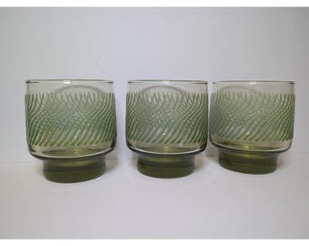 3 vasos vintage Libbey Glass Green Textured Wave de 7 oz, estilo moderno de mediados de siglo, apilables.