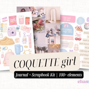 Op de afbeelding: Een journal- en scrapbookkit met meer dan 100 elementen, met het thema "Coquette Girl". De afbeelding bevat stickers, illustraties van een camera, konijn, mok en andere accessoires in pastelkleuren.