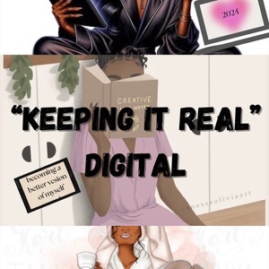 May include: A digital illustration of a woman in a pink dress reading a book with the text "CREATIVE NOTES" on the cover. The text "KEEPING IT REAL" and "DIGITAL" are also visible in the image.