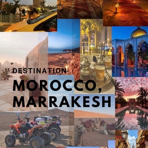Puede incluir: Un collage de imágenes que muestran un viaje a Marruecos, Marrakech. Las imágenes incluyen una mezquita, un paisaje desértico, un paseo en camello, un juego de té marroquí tradicional, una escena callejera y una vista de la ciudad por la noche.