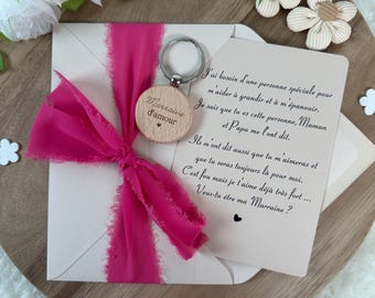 Annonce grossesse marraine carte avec porte clés. Demande marraine, baptême, porte clés en perles, famille, sœur, amie, belle sœur, cooking